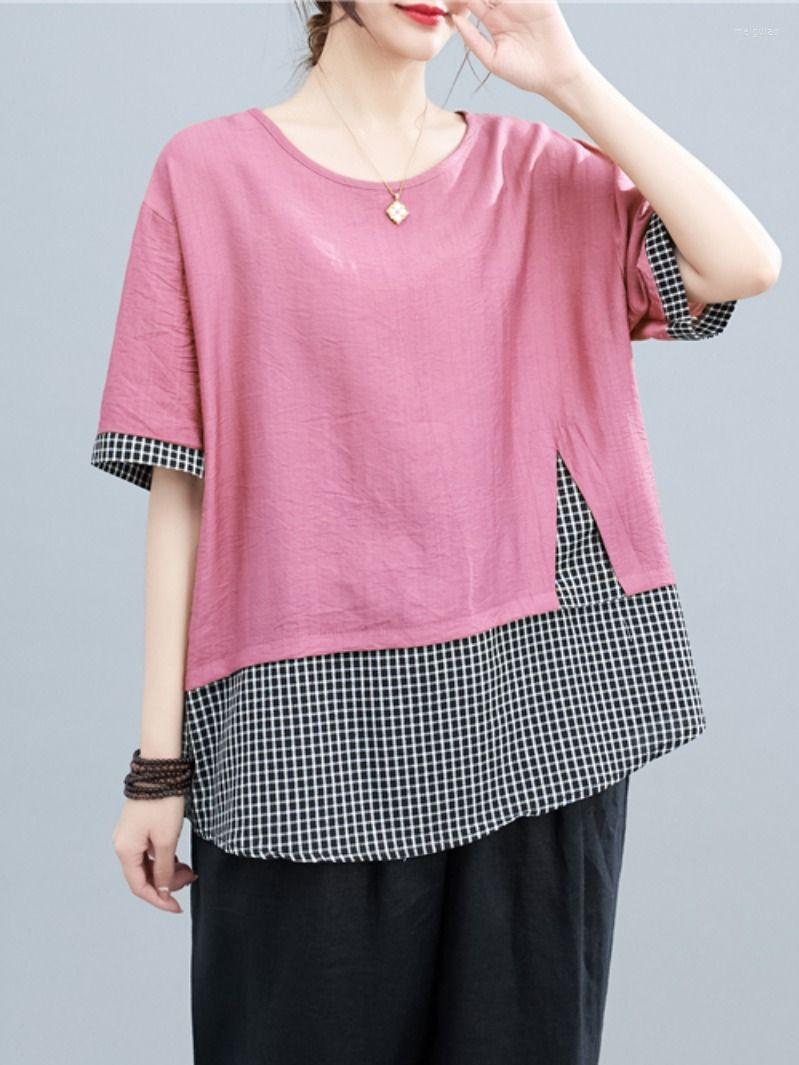 

Women's T Shirts 2023 Summer Fashion Cotton And Linen Tops Loose All-match Stitching T-shirt Women's Short-sleeved Oversized Comfortable, Black