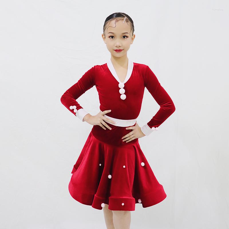 

Stage Wear Winter Red Velvet Latin Dance Dress Ballroom Competition Children Dancing Practice SL7749