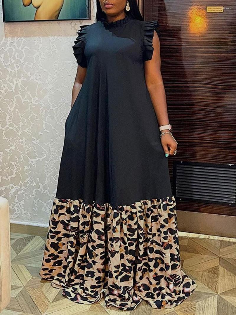 

Plus Size Dresses LW Party Dress Leopard Print Ruffle Trim Loose Summer Women's Tank Round Neck Sleeveless Floor Length Dres, Black