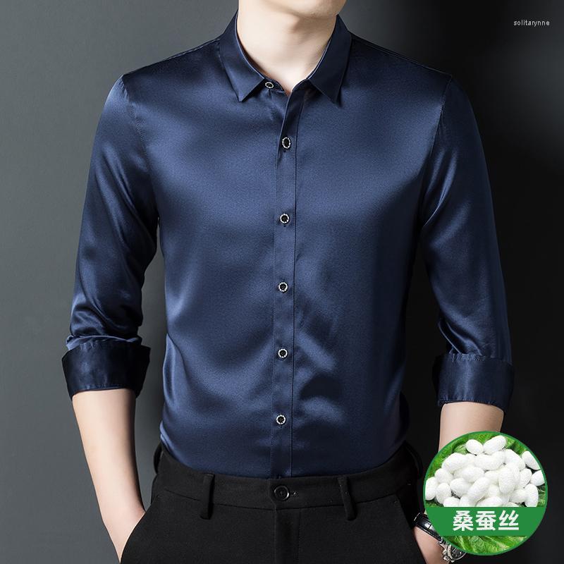 

Men's Casual Shirts Real Silk Business Dress Men Shirt Long Sleeve Solid Colors Spring High Quality Smooth Comfortable Loose Camisa, Picture shown