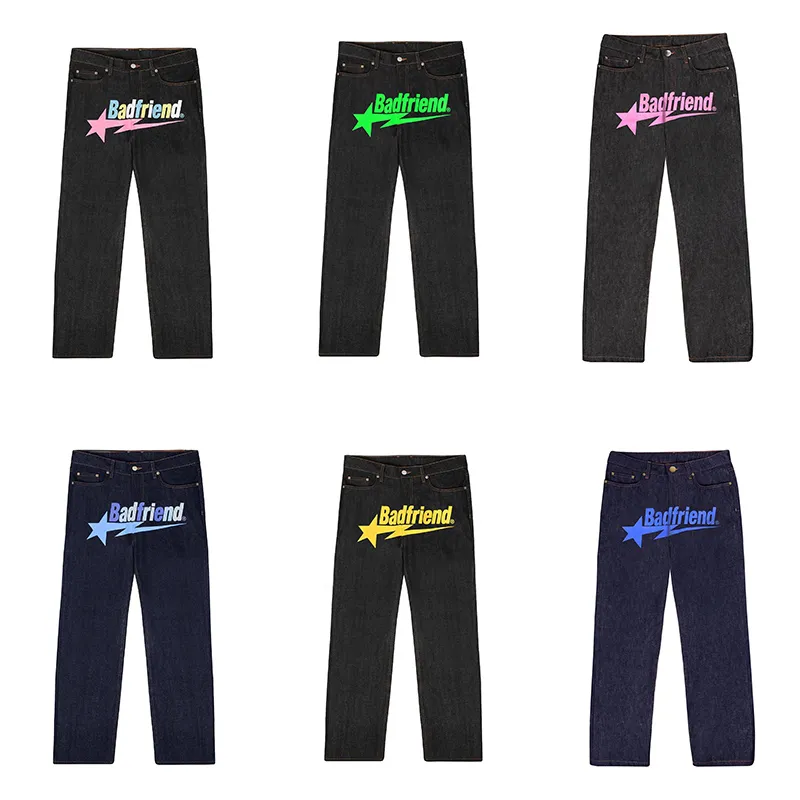 

2023 Designer Mens Jeans university Y2k Jeans Badfriend Hip Hop Letter Printed Black Pants Men Women Fashion Casual Rock Wide Foot Baggy vpQ