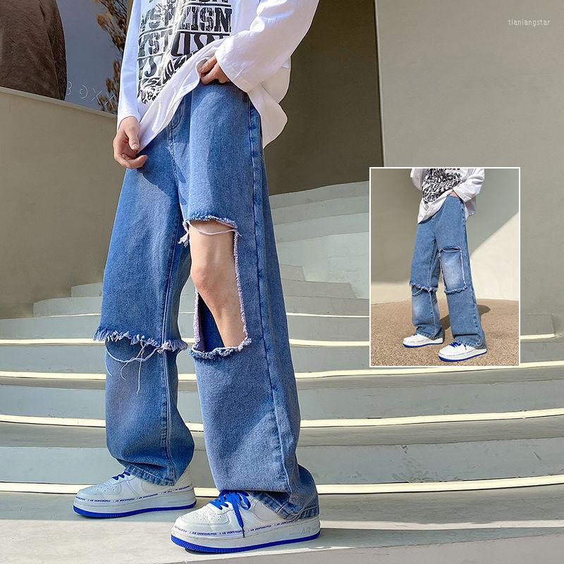 

Men's Jeans Foufurieux Y2K Vintage Ripped High Rise Summer Street Style Fashion Casual Solid Color Straight Wide Leg Trousers, Blue