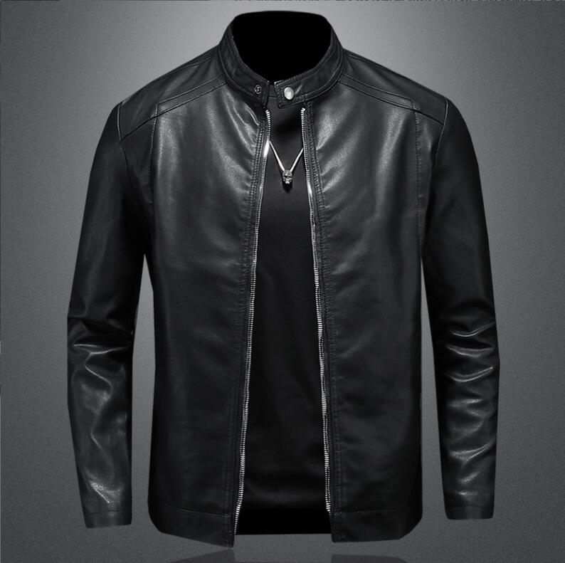 

Spring Autumn Leather Jacket Men Stand Collar Slim Pu Leather Jacket Fashion Motorcycle Causal Coat Mens Moto Biker Leather Coat, Black thick