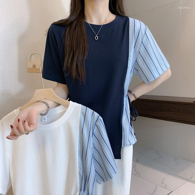 

Women's T Shirts Blue White Striped Stitch Loose Short Sleeved Summer Style Top Fashion Blouses 2023 Vintage Clothes For Women Female