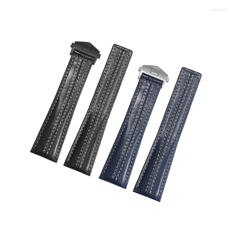 

Watch Bands Soft Breathable GenuineLeather WatchStrap Suitable For HEUERCARRER Series Folding Buckle Accessories Blue CowLeather WatchChain