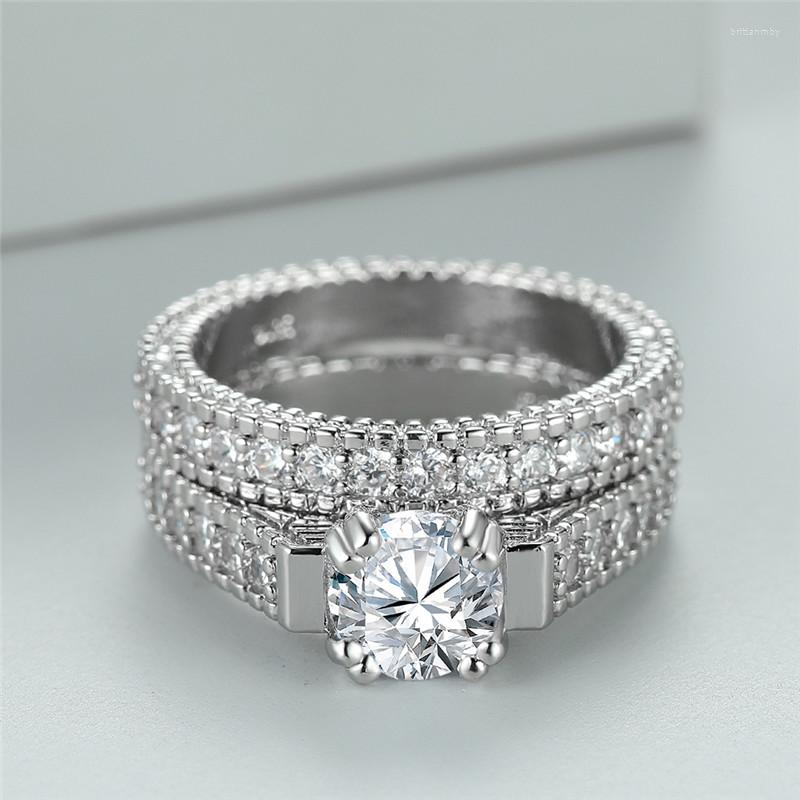

Wedding Rings Luxury Crystal Round Stone Ring Set White CZ Engagement Dainty Silver Color Sets For Women Bridal Jewelry
