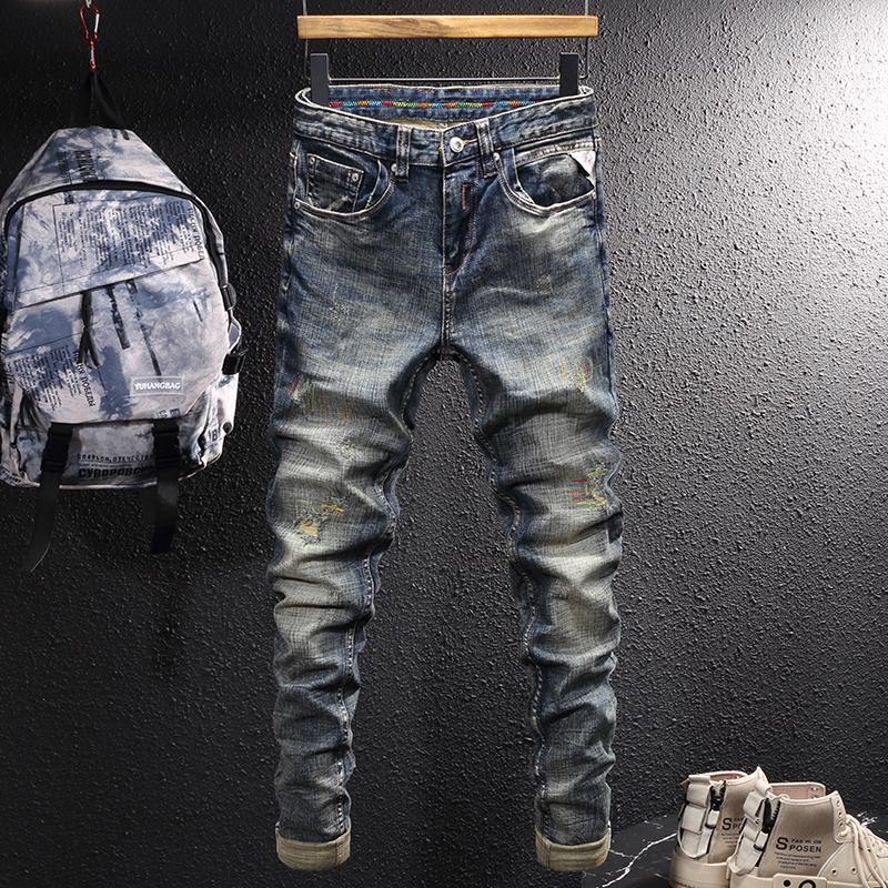 

Men's Jeans European Vintage Fashion Men Retro Blue Elastic Slim Fit Ripped Embroidery Designer Casual Denim Pencil Pants
