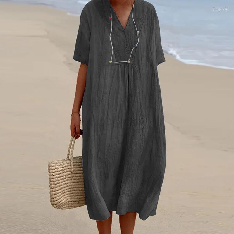 

Party Dresses Simple Solid Color Loose Women Dress 2023 Summer Beach Cotton Linen Casual V-neck Short Sleeve Pleated Long Vestidos, 04 black