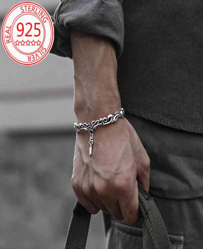 

S925Vintage Thai Silver Men039s Cuff JewelryFive Pointed Star Cross Pattern Personalized Women039s Couple Bracelet Jewelry5320536