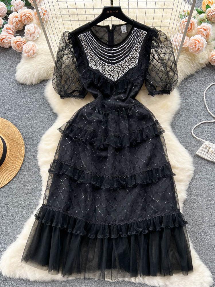 

Party Dresses FMFSSOM Vintage Spring Summer Solid Slim Short Lady Dress A Line O Neck Chiffon Pullover High Waist Women, Black