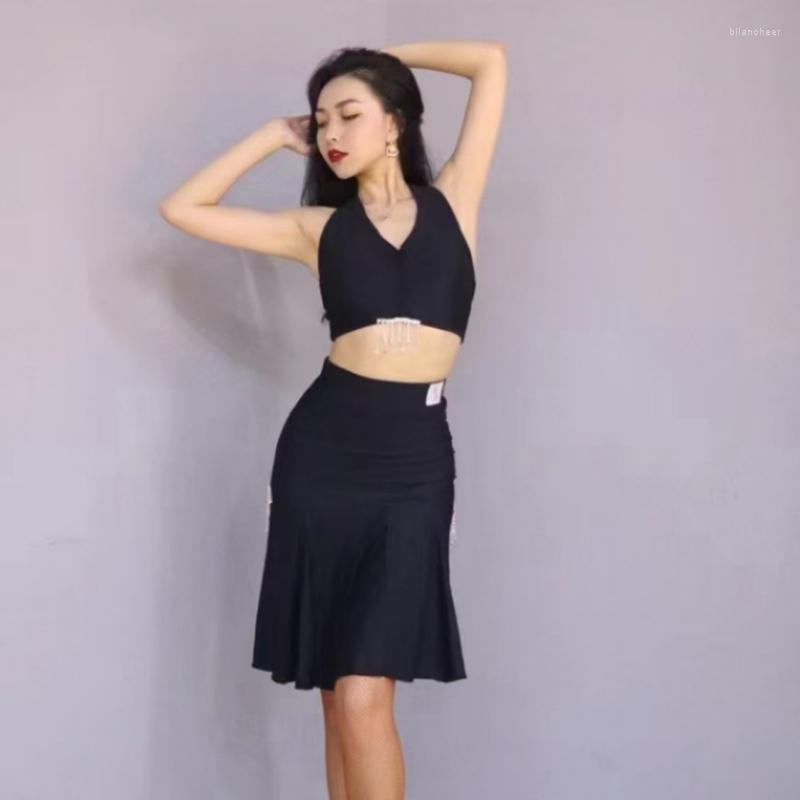 

Stage Wear Fashion Adults Latin Dance Clothes Black Vest Skirts Women Costumes Ballroom Competition SL7900, 2pcs