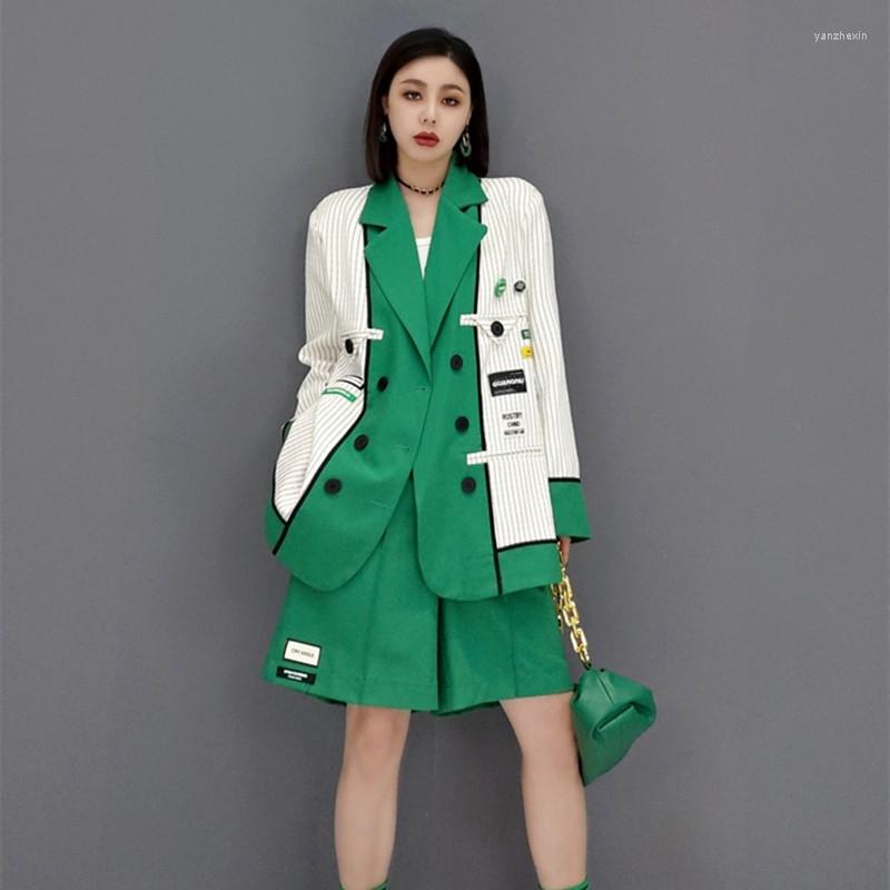 

Women's Jackets Female Autumn Elegant Suit Color Blocked Blazer And Elastic Waist Shorts Notched Collar Outfit A Pair Of Street Wear Clothes, Green