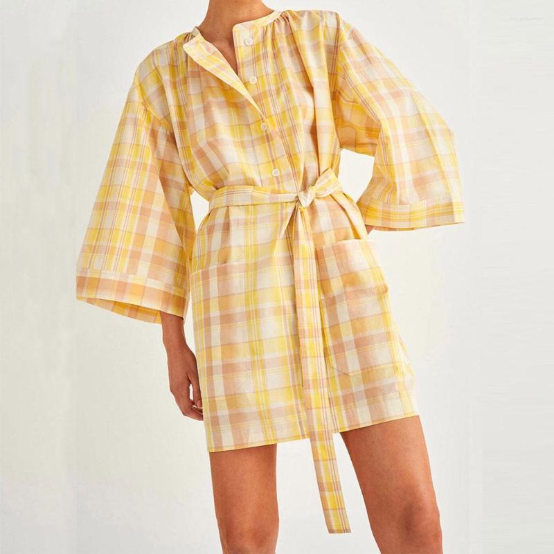 

Casual Dresses Women Yellow Plaid Dress Round Neck Open Button Lace Up Waist Loose