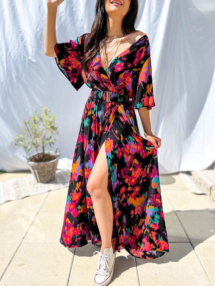 

Party Dresses 2023 Boho Deep V-neck Floral Dress Women Casual Short Sleeve Belt Maxi Tunic Summer High Waist Split Long Vestidos, Green