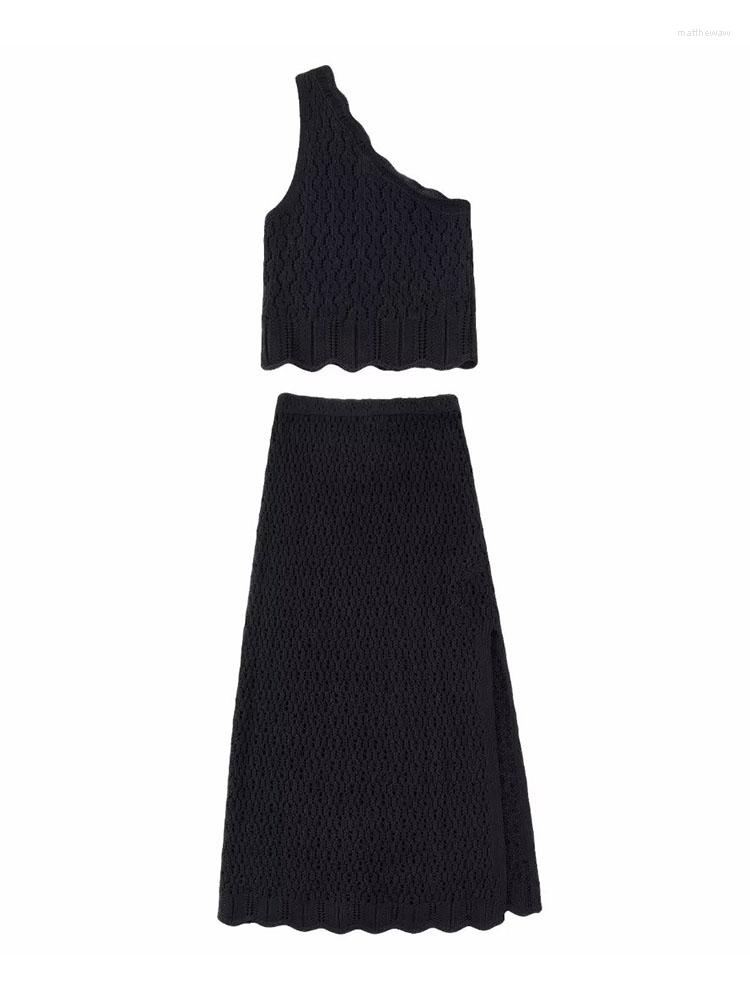 

Work Dresses Women 2023 Fashion Hollow Out Asymmetric Knitted Vest Vintage Sleeveless Female Waistcoat Chic Tops High Waisted Skirt, Picture