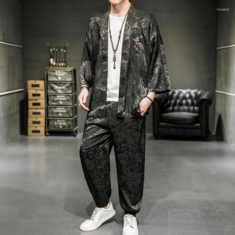 

Ethnic Clothing Kimono Japanese Traditional Pants Tops Sets Men Asian Shirts With Male Japan Style Embroidered Yukata Trousers