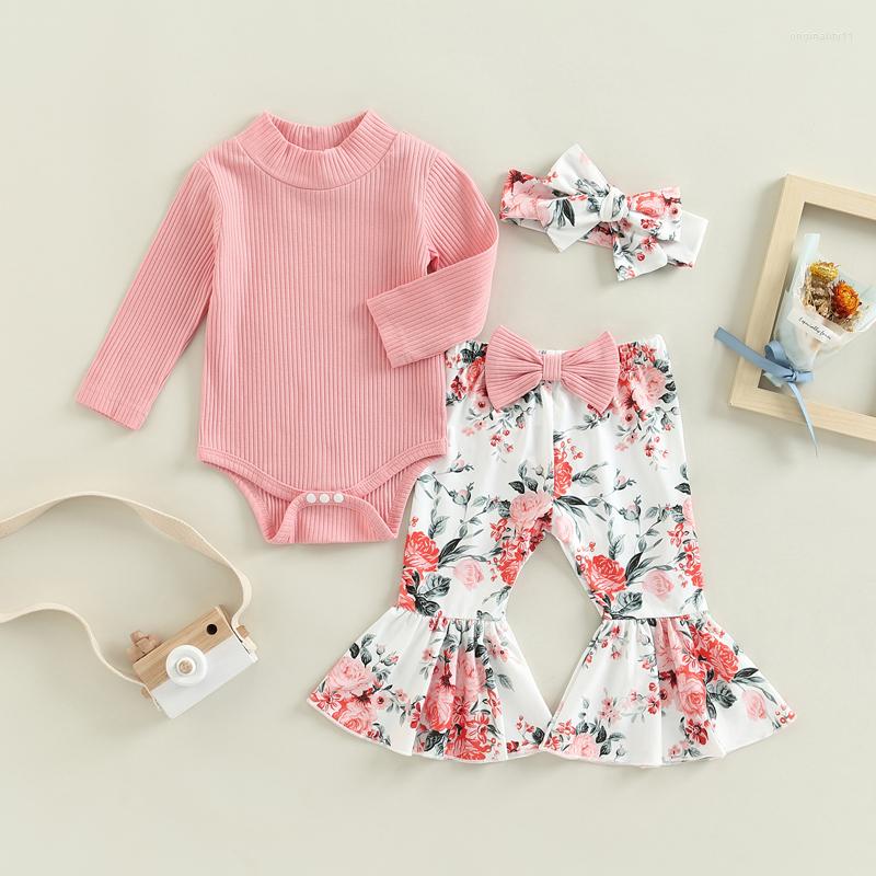 

Clothing Sets 0-18months Baby Girls 3pcs Set Ribbed Half Turtleneck Romper And Casual Floral Print Flared Pants Headband Infant Suits, Picture shown