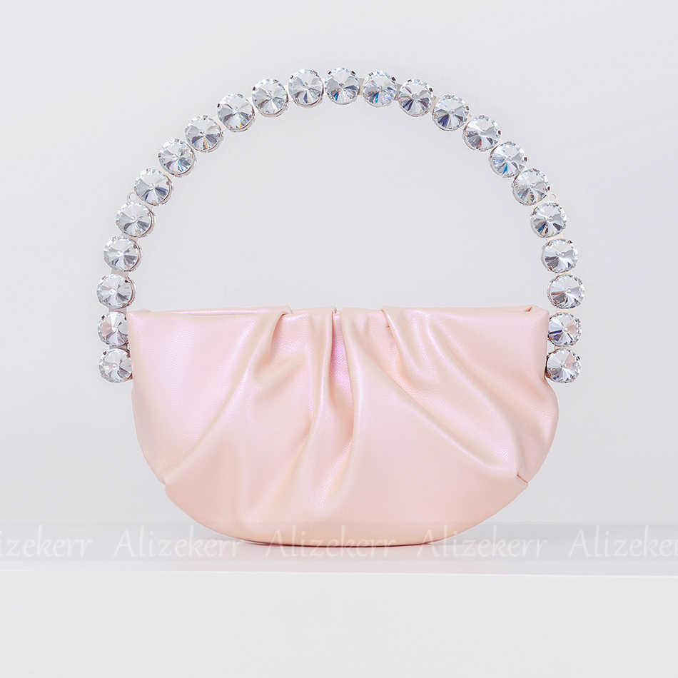 

Shoulder Bags Round Crystal Luxury Evening Purse for Women New Designer Cute Metal Handle Rhinestone Folded Clutch Wedding Party Handbags 230426, Light pink