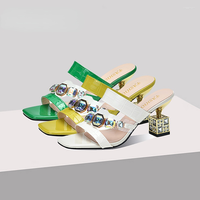 

Slippers Green Sandals For Women's 2023 Rhinestone Open-toe Patent Leather Half Fashion One Word Drag Small Size