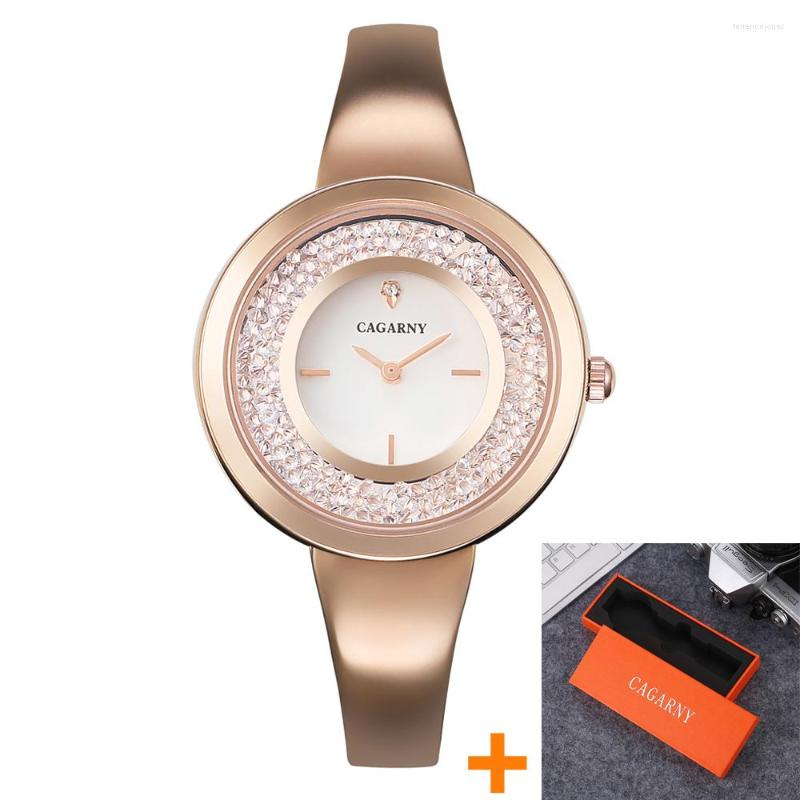 

Wristwatches Cagarny Women's Watches Crystal Rose Gold Steel Bracelet Bangle Fashion Ladies Quartz Watch For Women, Silver white