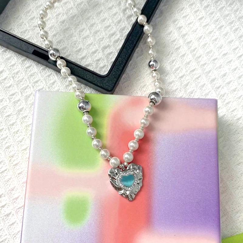 

Pendant Necklaces Y2K Jewelry Blue Rhinestone Heart Necklace Women Fashion Vintage Geometric Harajuku Korean Charm 90s Aesthetic
