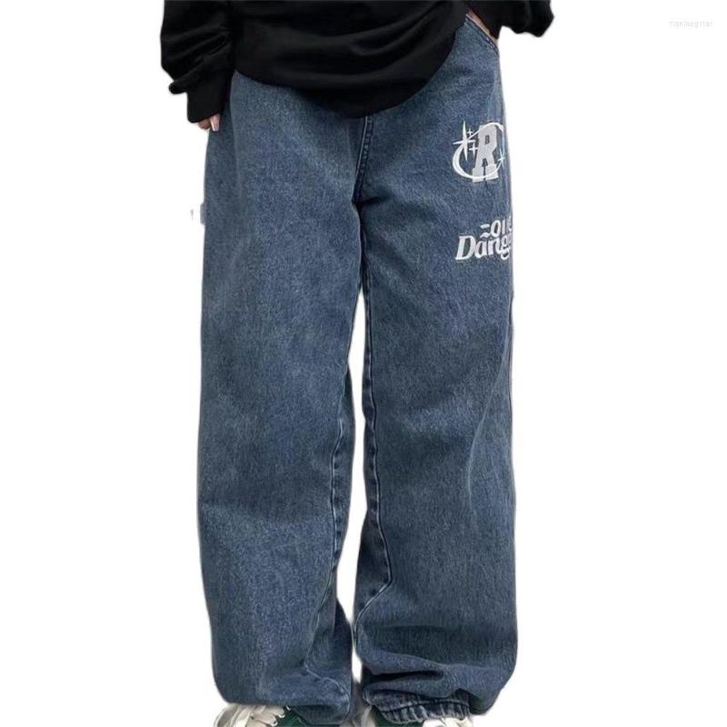 

Men' Jeans 2023 Y2K Fashion Europe-USA Style Men/Youth High Waist Retro Baggy Straight Type Cowboy Pants Hip-Hop Black/Blue Washing