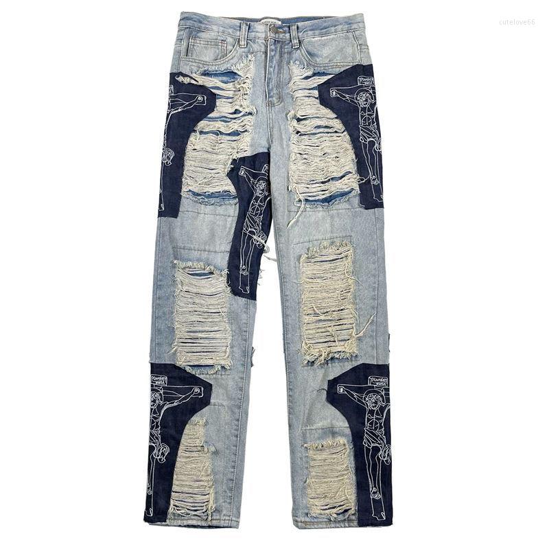 

Men' Jeans Y2K Men' Vintage Ripped Fashion Street Trousers Personality Cross Splicing Hip Hop Straight Baggy Denim, Blue