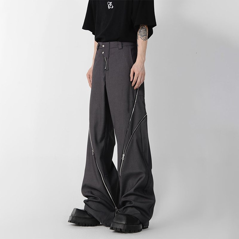 

Men's Pants HOUZHOU Design Zipper Slit Men Trousers Techwear Straight Tube Casual Black Wide Leg Darkwear Male Streetwear Hip Hop 230512, Gray