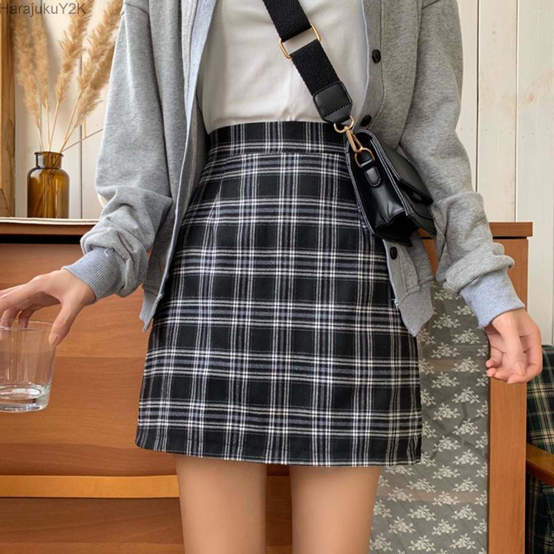 

Skirts Women Retro Plaid Summer Mini Skirt A-line Ulzzang High Waist Students Short Fashion Girls Female Stylish, Beige