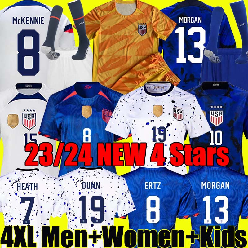 

4 Stars Women 2023 DUNN USAS soccer jerseys united states 23/24 RAPINOE football shirt STANWAY HORAN MORGAN KELLY SWANSON AARONSON PULISIC McKENNIE men kids kit socks, 23-24 away kids
