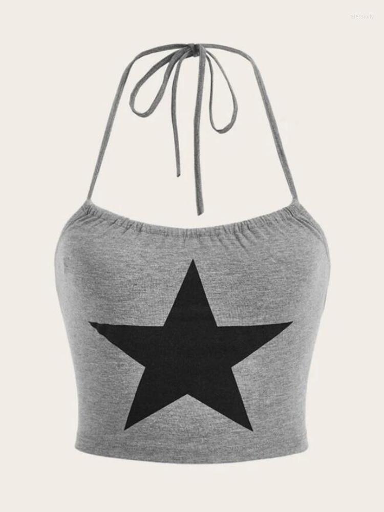 

Women' Tanks Star Print Tie Backless Crop Halter Top Women T SHIRT, Gray