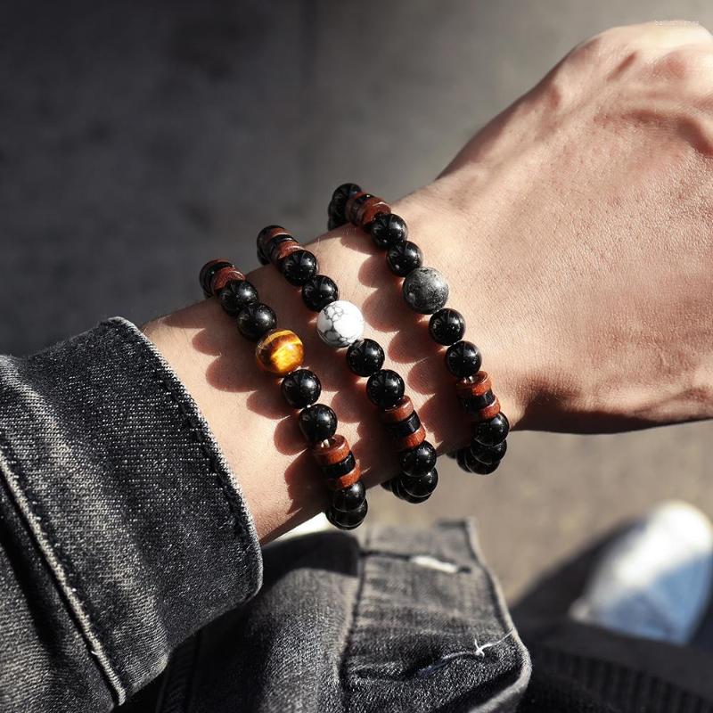 

Strand Classic Fashion Tiger Eye Stone Bracelet For Men Simple Handmade 8mm Elastic Black Bead Jewelry Gift