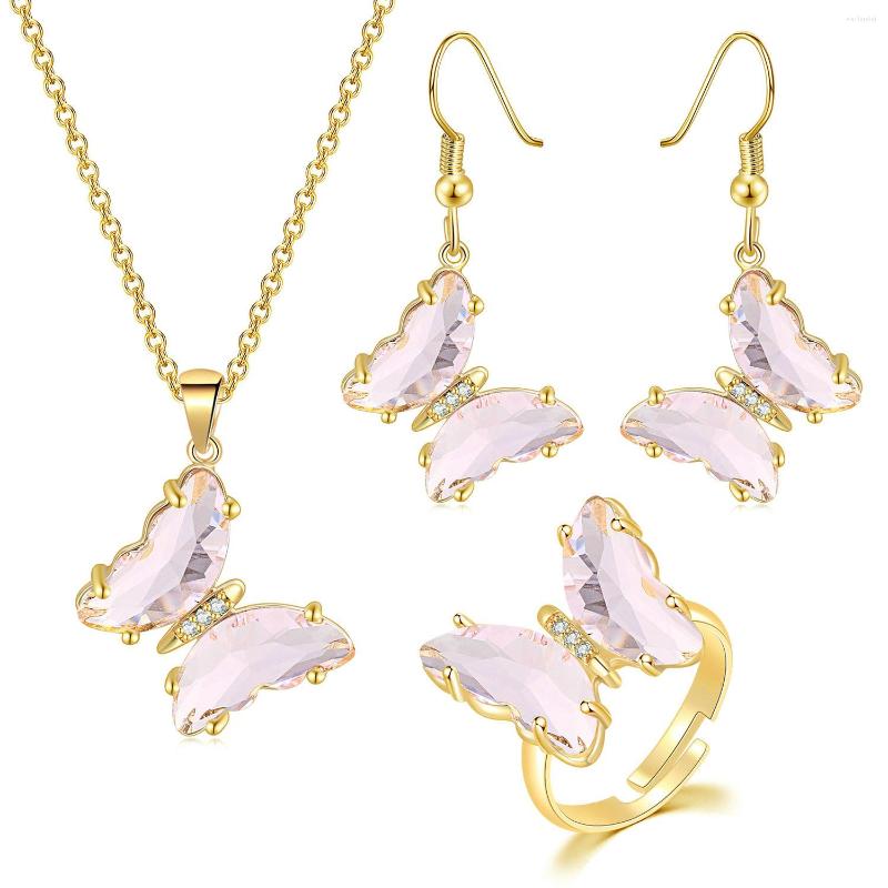 

Necklace Earrings Set ZHOUYANG Aesthetic Butterfly Jewelry For Women Gold Color Pink Crystal Wedding Party Earring Ring Wholesale S541, Picture shown