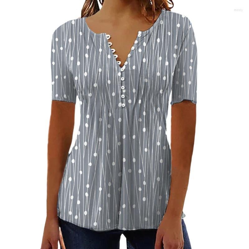 

Women' T Shirts Women Striped 2023 Summer Short Sleeve Casual Blouses Chic Spring Polka Dots V-neck Boho Tops Blue Gray Red