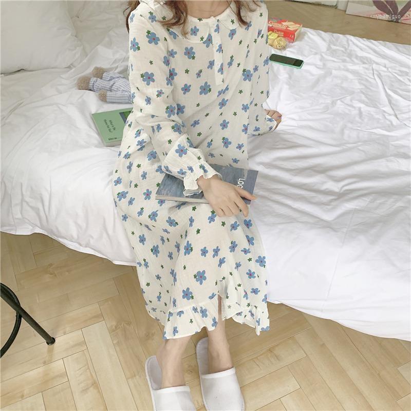 

Women's Sleepwear Cotton Nightdress Women Korean Floral Print Nightwear Spring Nightgown Kawaii Nightie Long Dress Homewear Female, Blue