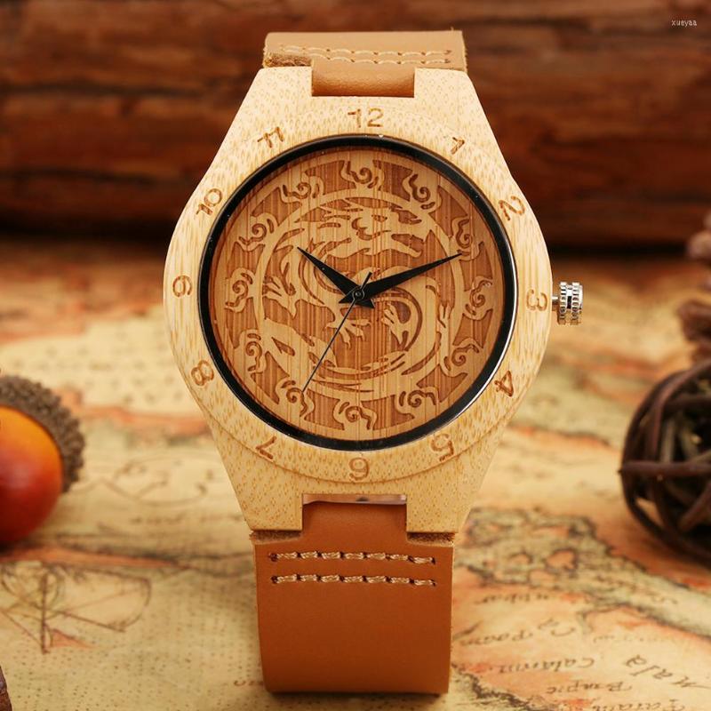 

Wristwatches Men Bamboo Watch Brown Leather Band Wooden Watches Dragon Face Dial Carving Arabic Numerals Wrist For Gift