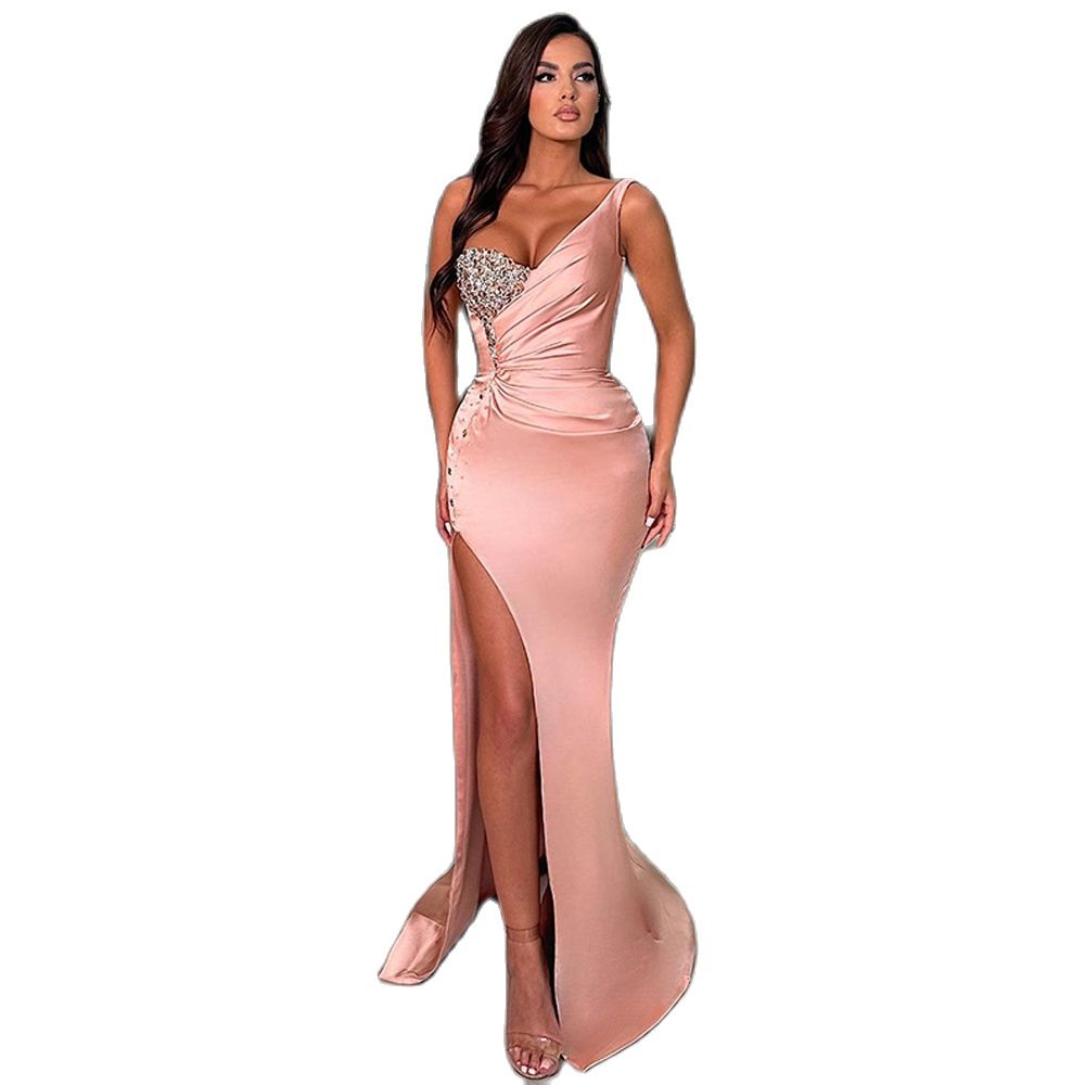 

Modest Pink One Shoulder Prom Dresses with Split Beadings Satin Bead Mermaid Evening Party Gowns Sweep Train Vestidos de fiesta, Light purple