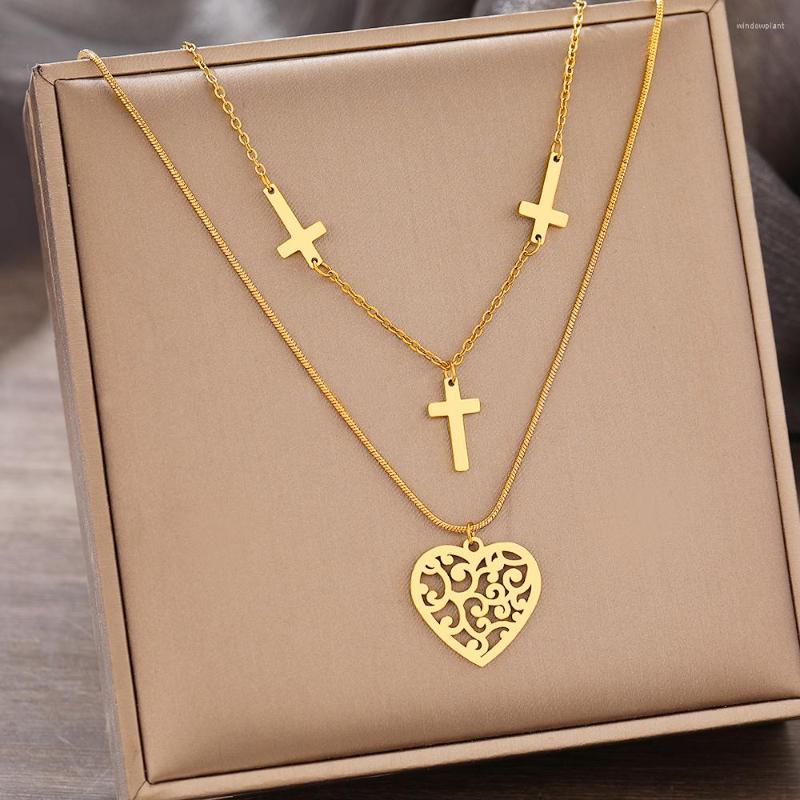 

Pendant Necklaces Stainless Steel Sweet Pattern Heart Pendants Personality Cross Collar Multilayer Chain Neckalce For Women Jewelry