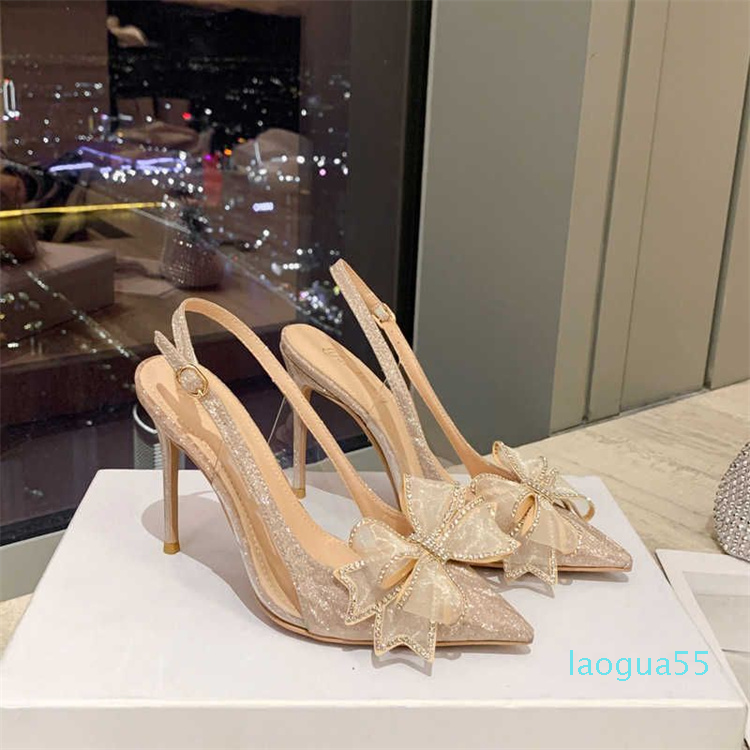 

Sandals Stiletto Pointed Toe Bridal Wedding Shoes Banquet Rhinestone Bow Baotou Back Empty Glass Glue High-heeled 230423, Silver 8cm