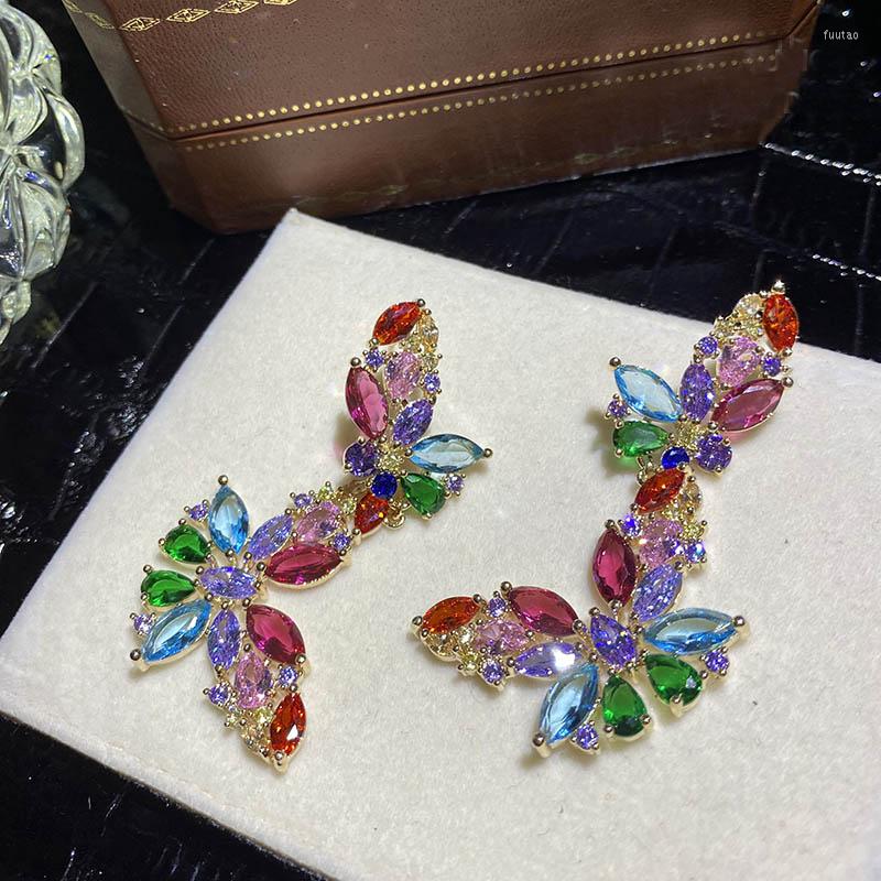 

Dangle Earrings Two Colorful Butterfly For Women Gem High-end Vintage Insect Court Sparking Zircon Long Dinner Eardrop