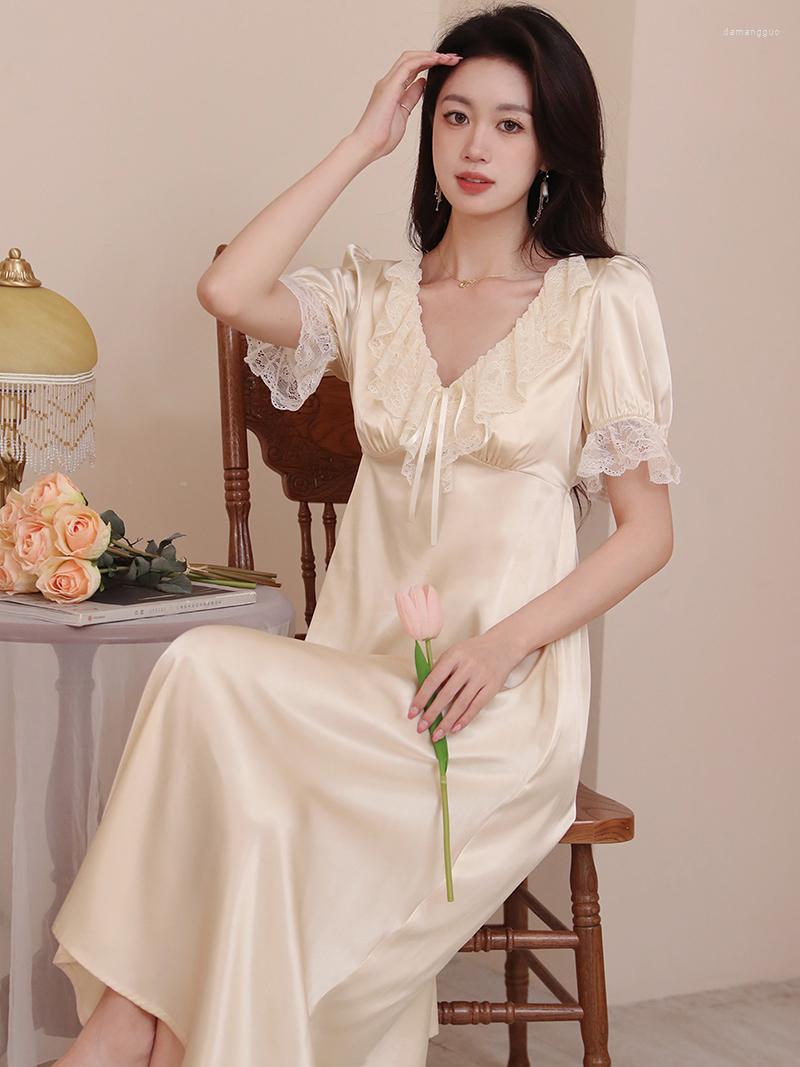 

Women' Sleepwear Women Femme Summer French Vintage Princess Sexy Gown Nightdress Short Sleeve V-Neck Ruffles Lace-up Home Pajamas Fairy, Apricot