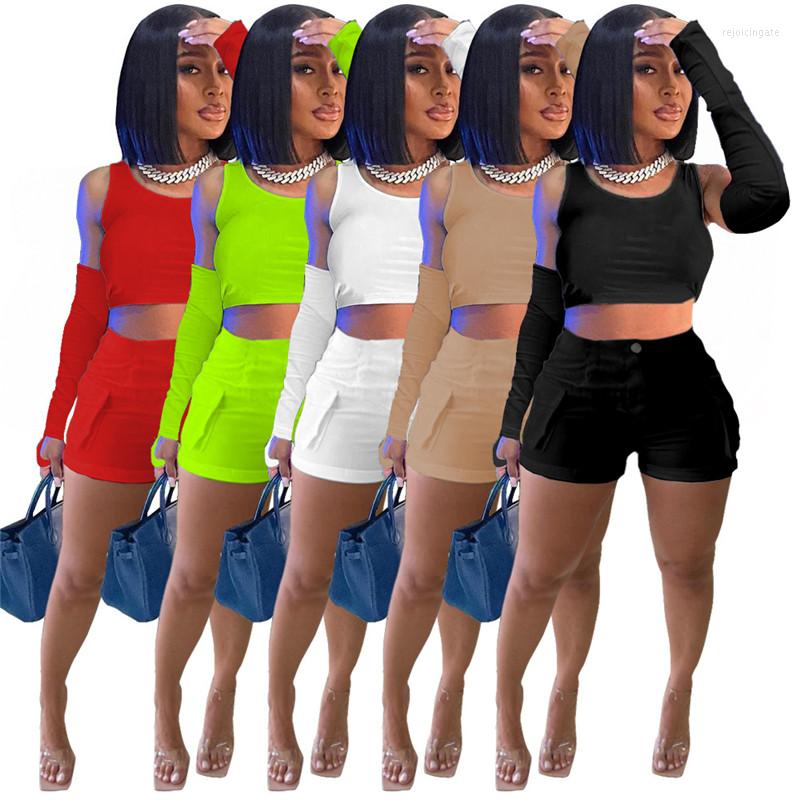 

Women' Tracksuits Summer Women Two Piece Set For Sportswear O Neck Crop Top With Gloves Pockets Shorts Casual Matching Outfits Solid Color, Khaki