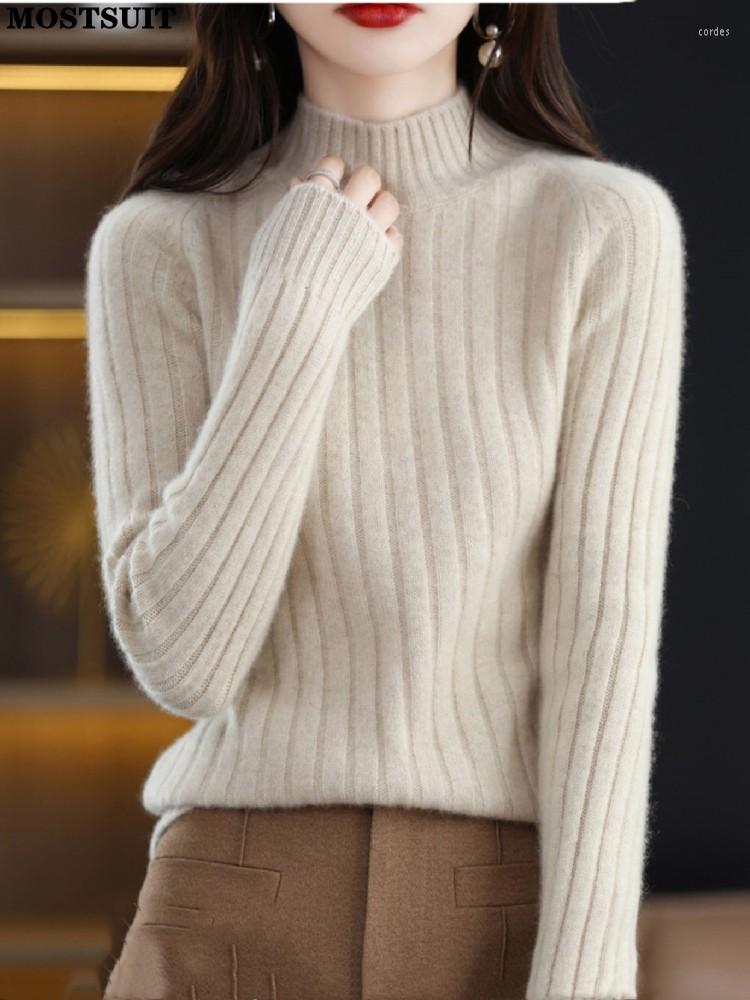 

Women's Sweaters Basic All Match Knitted Sweater Knitwear Women Vintage Solid Thicken Pullovers Tops Long Sleeve Half High Collar Female, Khaki