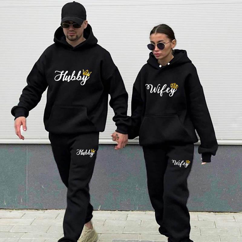 

Men's Tracksuits Couple Sportwear Sets Hubby Wifey Printed Lovers Clothes Suit Men Women Fleece Hoodie And Pants 2 Pieces Autumn Winter, Black-hubby