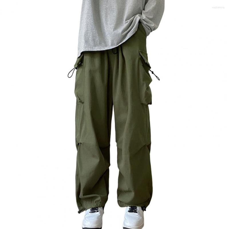 

Men' Pants Casual Men' Drawstring Elastic Waist Loose Straight Multiple Pockets Polyester Solid Color Cargo Streetwear, Army green