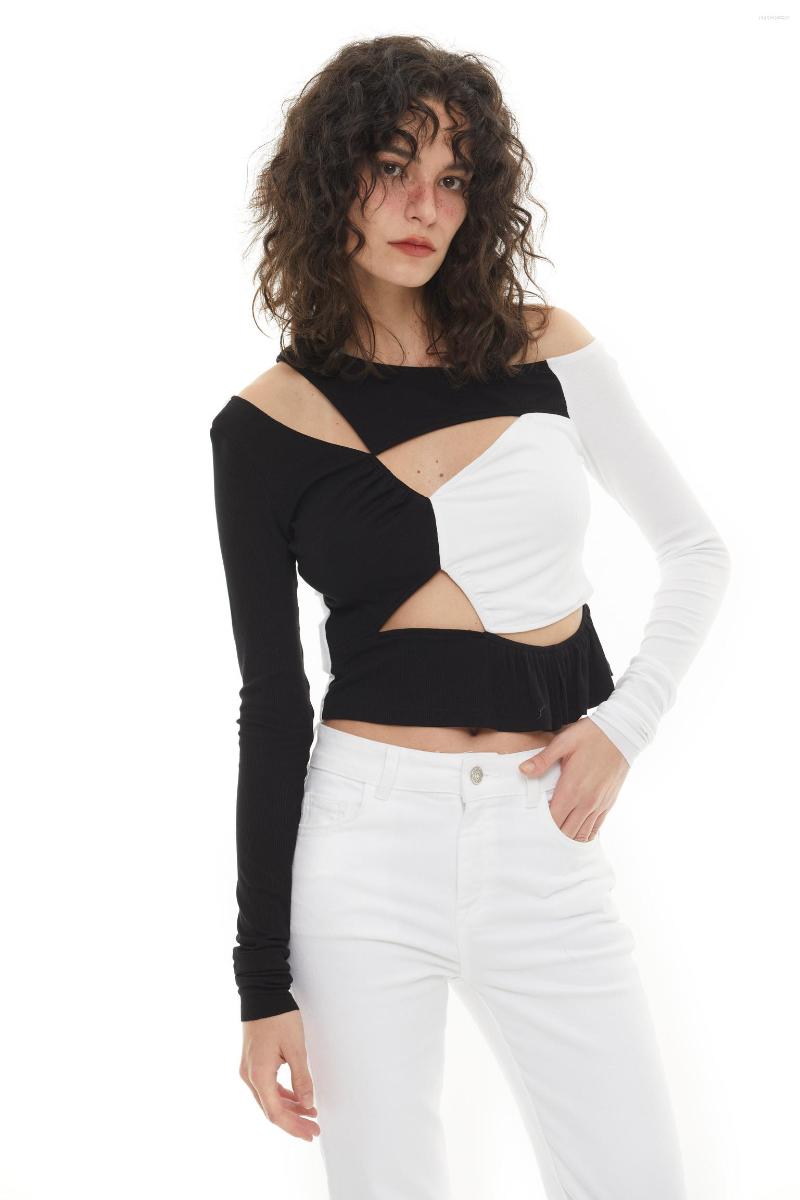 

Women' T Shirts Women Color Patchwork Hollow Out Design Tops Long Sleeve Slim Knitted T-shirt Top 2023 Spring, Black