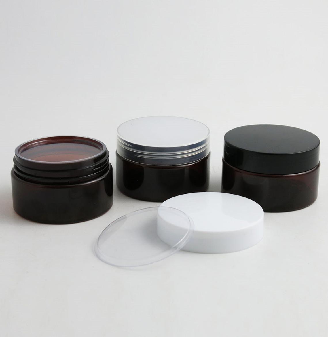 

30 x DIY 100g Empty Amber PET cream jar with Plastic white black clear lids and pet seal 100ml Jar Cosmetic Container2665371