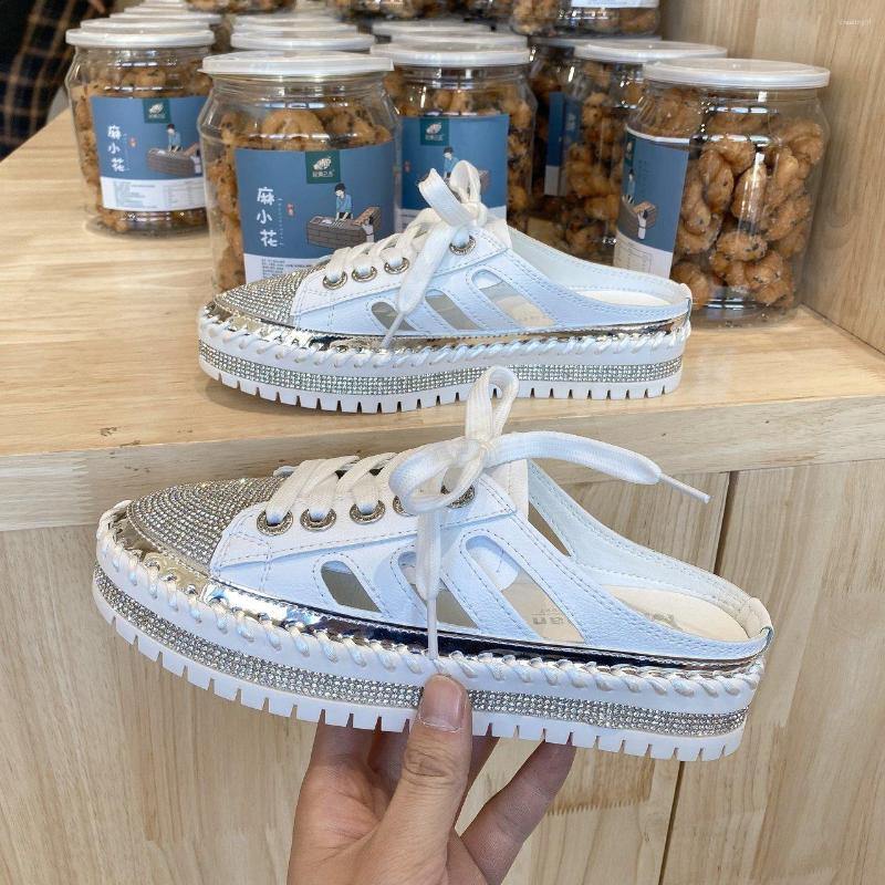 

Slippers 2023 Fashion Flat Platform Half Women Summer Couple Bling Mules Crystals Lace-up Shoes Slides Plus Size 41 42 43, Beige
