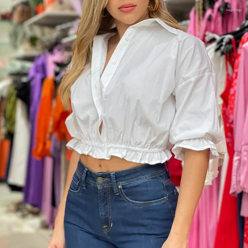 

Women' Blouses Women' Elegant Ruffles Crop Top Casual Pure Color Half Sleeve Shirts For Women 2023 Office Lady Loose Button Shirt, Orange