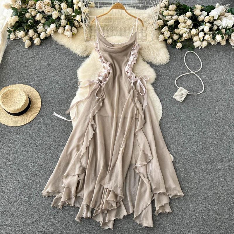 

Casual Dresses French Ruffled Corset Irregular Evening Dress Women Fashion Sexy Sleeveless Elegant Party Clothes Vestidos De Fiesta J360, Khaki